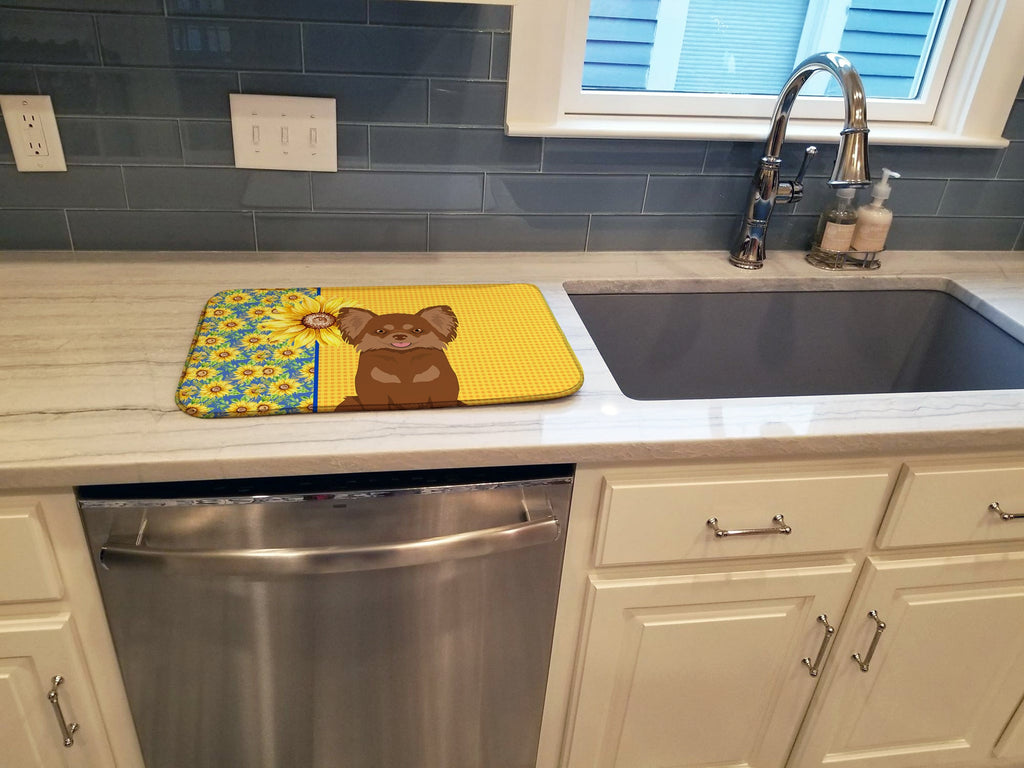 Summer Sunflowers Longhaired Chocolate and Tan Chihuahua Dish Drying Mat Absorbent Dish Drying Mat Pad for Kitchen Counter Dish Drainer Mat for Countertop, 14 x 21", Multicolor