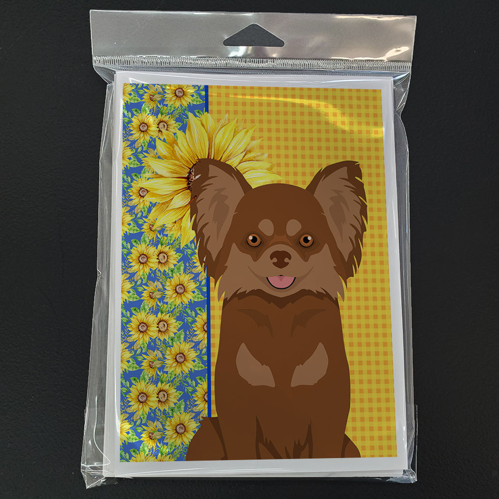 Summer Sunflowers Longhaired Chocolate and Tan Chihuahua Greeting Cards Pack of 8 Blank Cards with Envelopes Whimsical A7 Size 5x7