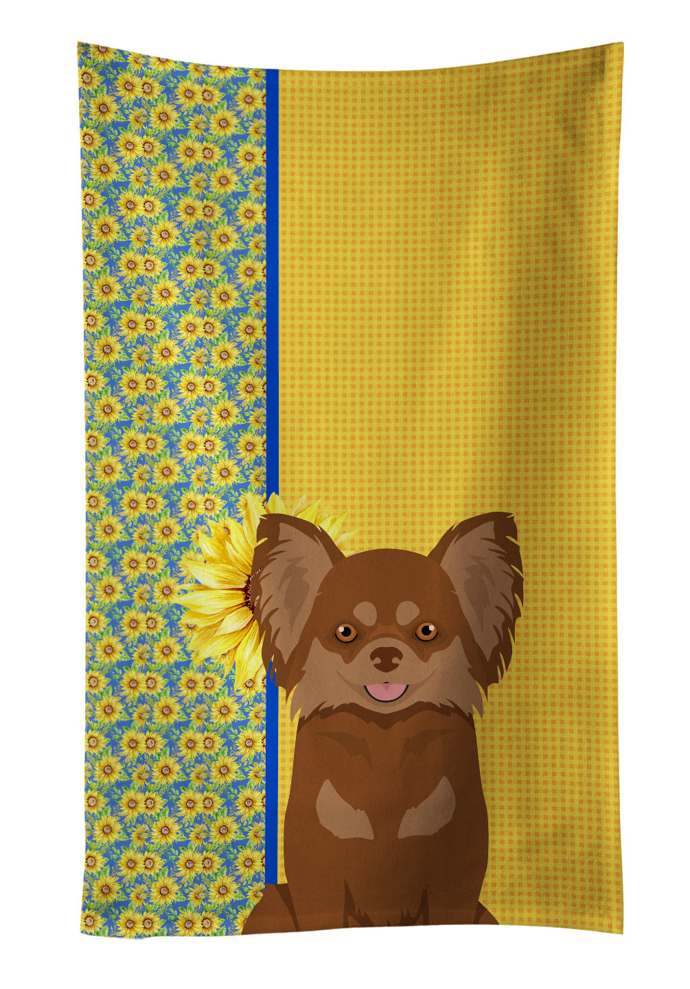 Summer Sunflowers Longhaired Chocolate and Tan Chihuahua Kitchen Towel Velour Plush Front and Cotton Loop Back Machine Washable