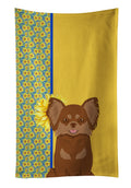 Summer Sunflowers Longhaired Chocolate and Tan Chihuahua Kitchen Towel Velour Plush Front and Cotton Loop Back Machine Washable