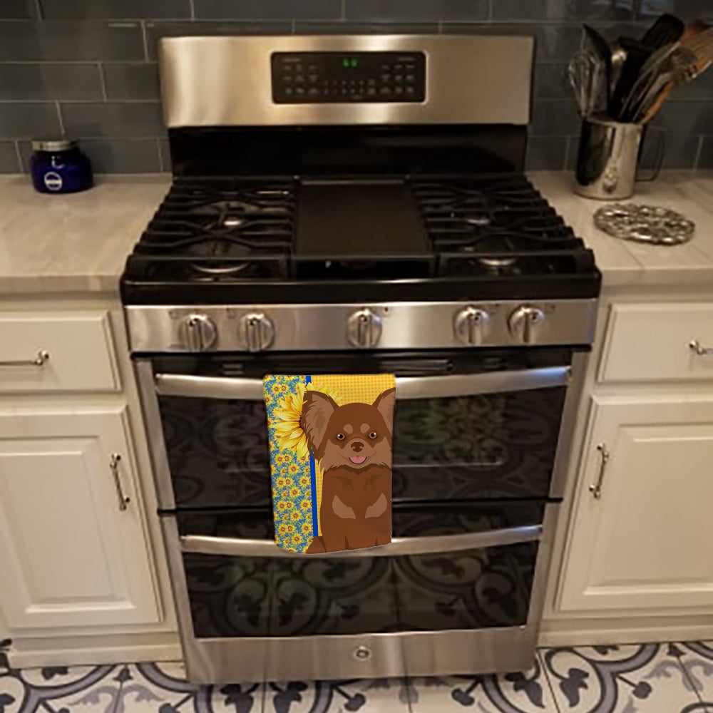 Summer Sunflowers Longhaired Chocolate and Tan Chihuahua Kitchen Towel Velour Plush Front and Cotton Loop Back Machine Washable