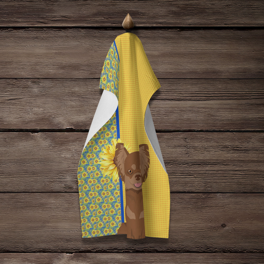 Summer Sunflowers Longhaired Chocolate and Tan Chihuahua Kitchen Towel Velour Plush Front and Cotton Loop Back Machine Washable