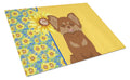 Summer Sunflowers Longhaired Chocolate and Tan Chihuahua Cutting Board Tempered Glass Kitchen Cutting Surface, Heat Resistant Chopping, Non-Slip Feet, Food Prep & Serving
