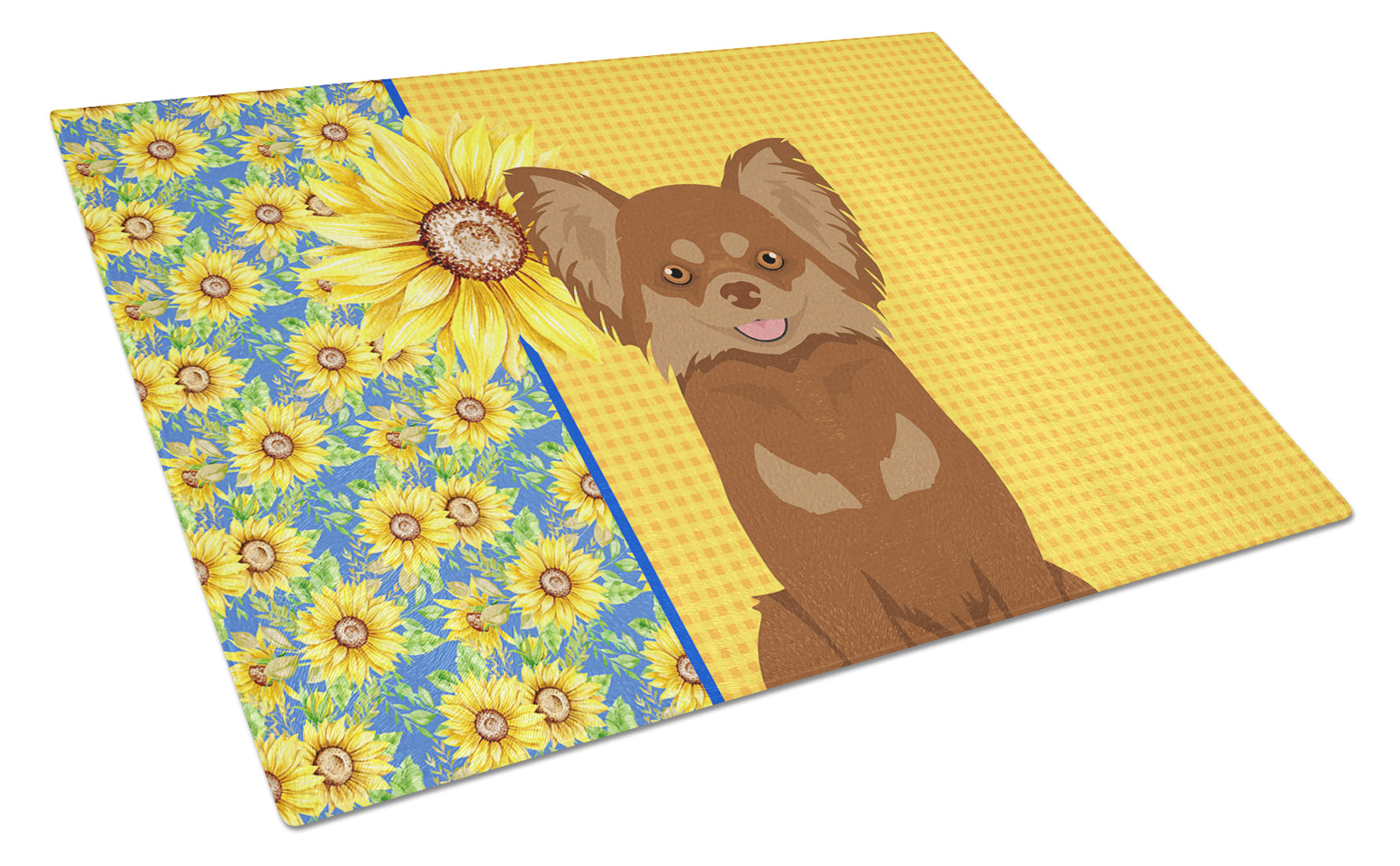 Summer Sunflowers Longhaired Chocolate and Tan Chihuahua Cutting Board Tempered Glass Kitchen Cutting Surface, Heat Resistant Chopping, Non-Slip Feet, Food Prep & Serving