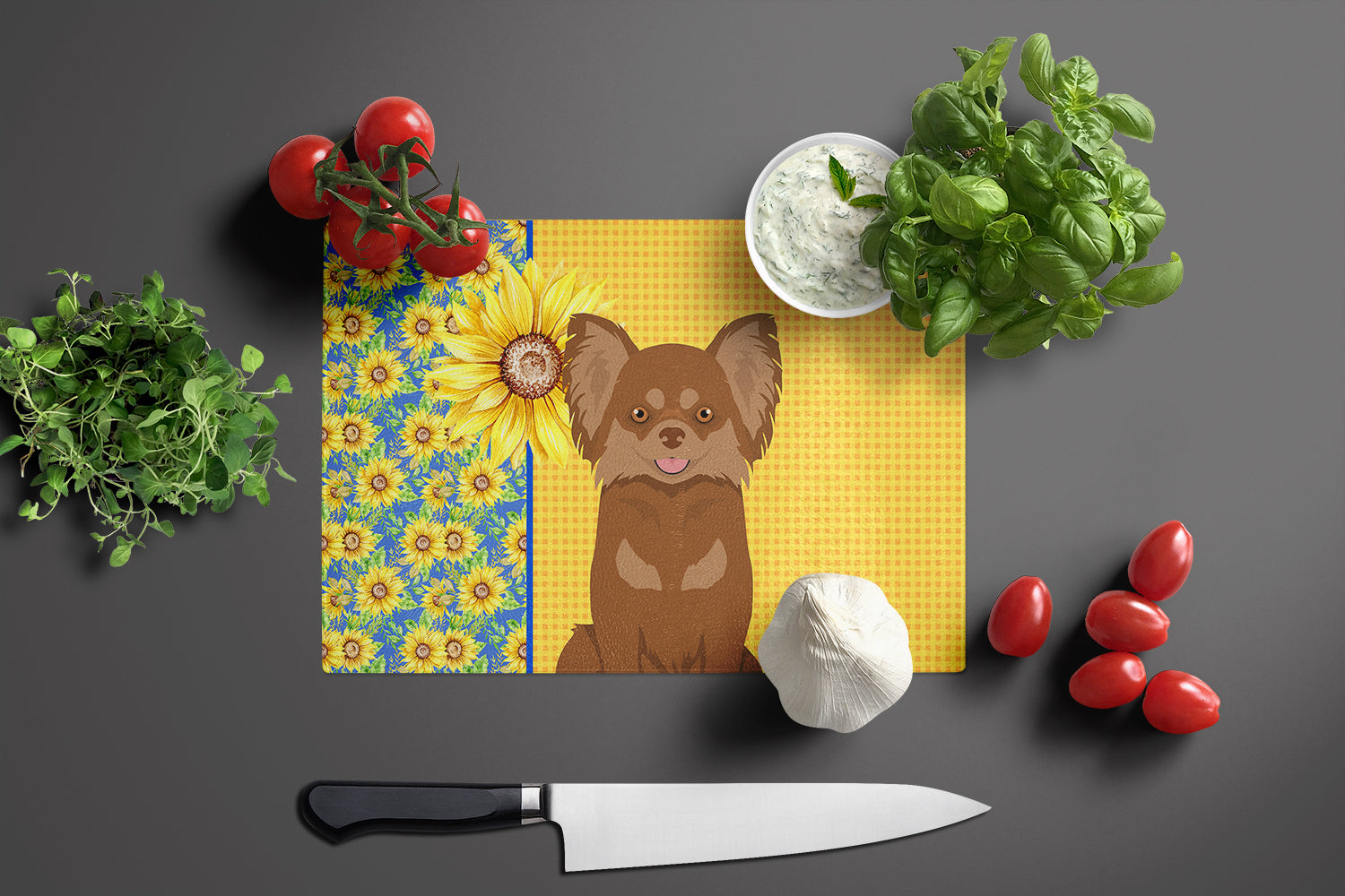 Summer Sunflowers Longhaired Chocolate and Tan Chihuahua Cutting Board Tempered Glass Kitchen Cutting Surface, Heat Resistant Chopping, Non-Slip Feet, Food Prep & Serving