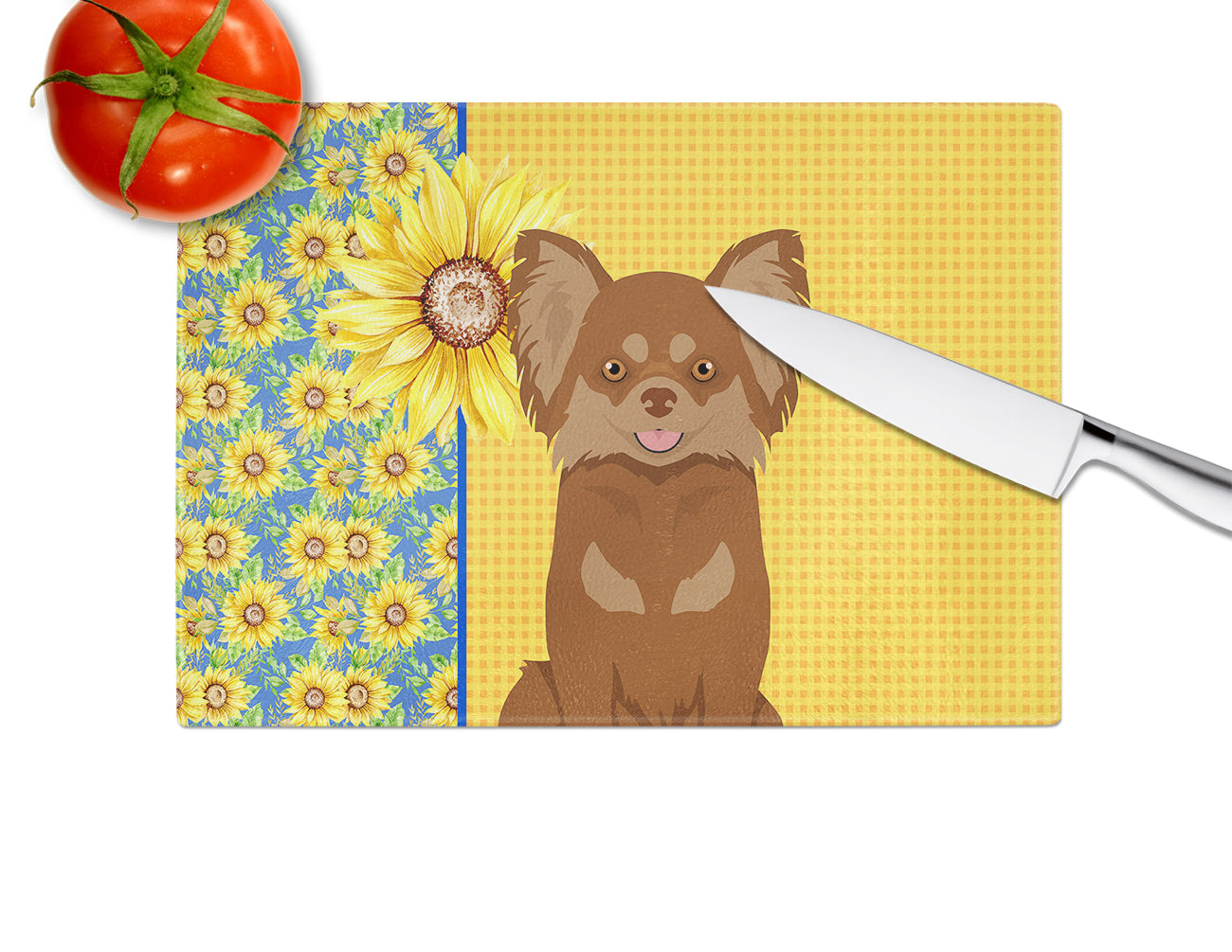 Summer Sunflowers Longhaired Chocolate and Tan Chihuahua Cutting Board Tempered Glass Kitchen Cutting Surface, Heat Resistant Chopping, Non-Slip Feet, Food Prep & Serving