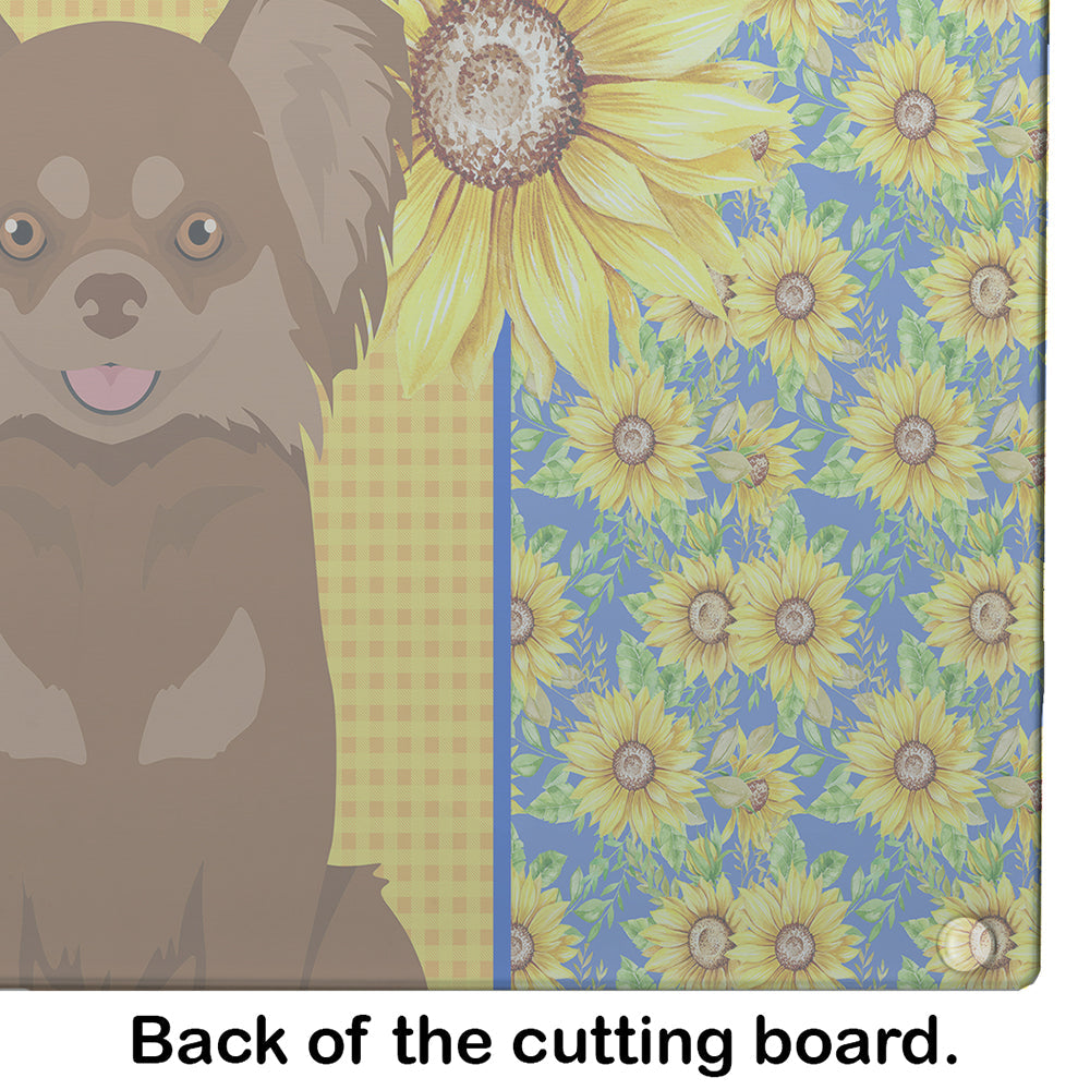Summer Sunflowers Longhaired Chocolate and Tan Chihuahua Cutting Board Tempered Glass Kitchen Cutting Surface, Heat Resistant Chopping, Non-Slip Feet, Food Prep & Serving