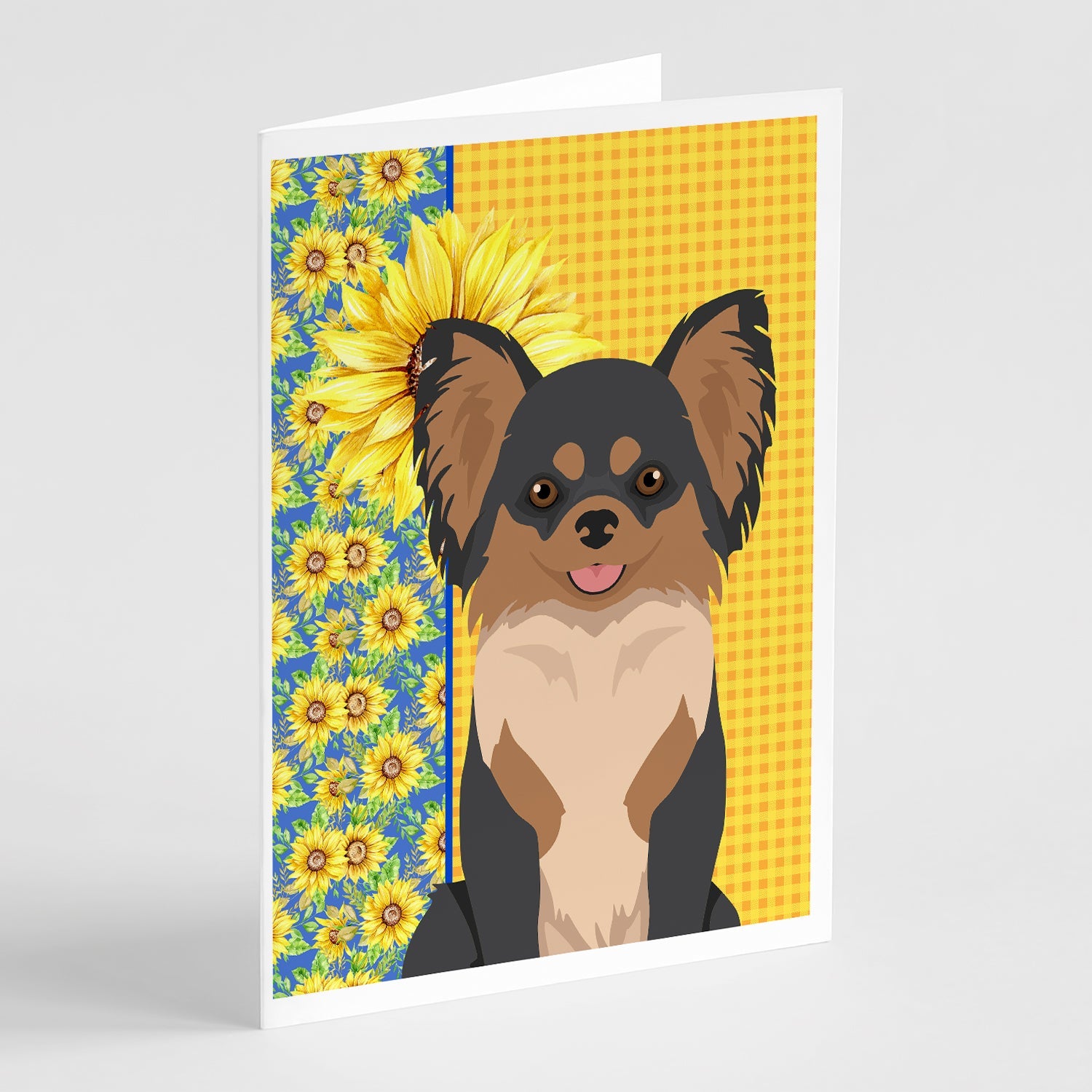 Summer Sunflowers Longhaired Black and Tan Chihuahua Greeting Cards Pack of 8 Blank Cards with Envelopes Whimsical A7 Size 5x7
