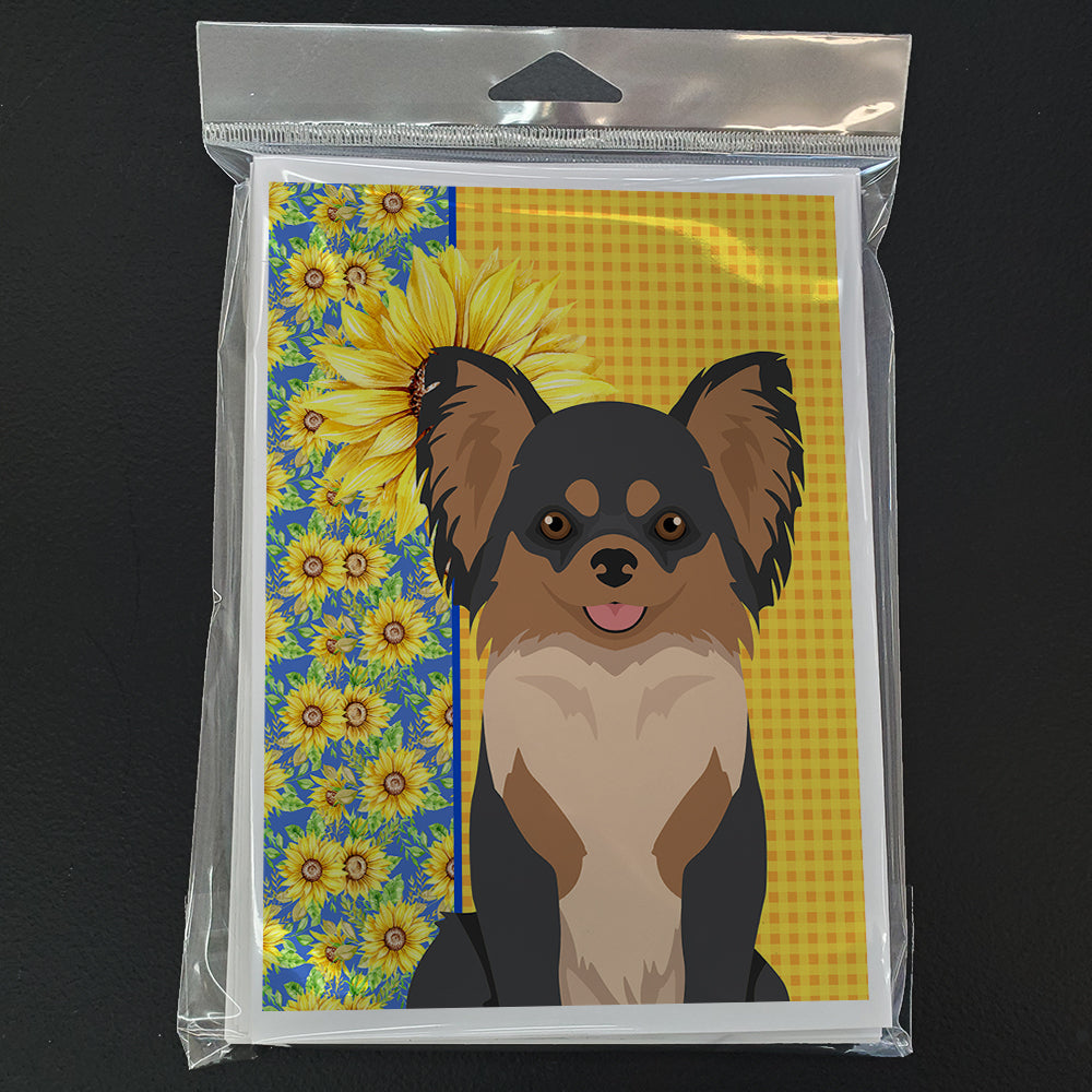Summer Sunflowers Longhaired Black and Tan Chihuahua Greeting Cards Pack of 8 Blank Cards with Envelopes Whimsical A7 Size 5x7