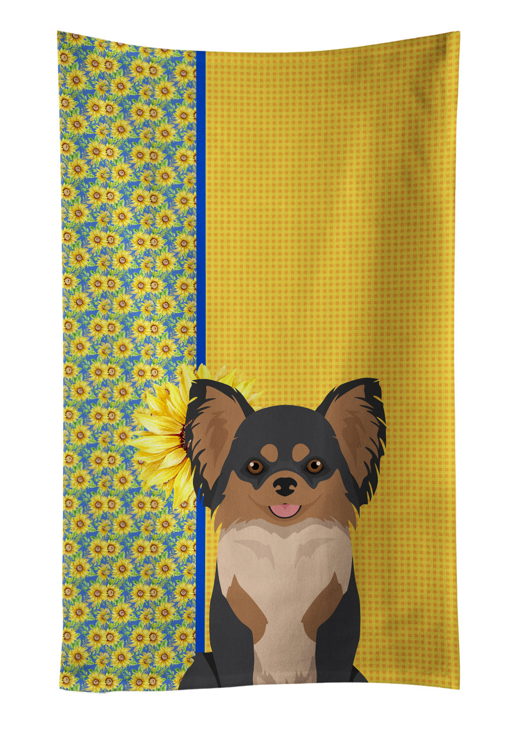 Summer Sunflowers Longhaired Black and Tan Chihuahua Kitchen Towel Velour Plush Front and Cotton Loop Back Machine Washable