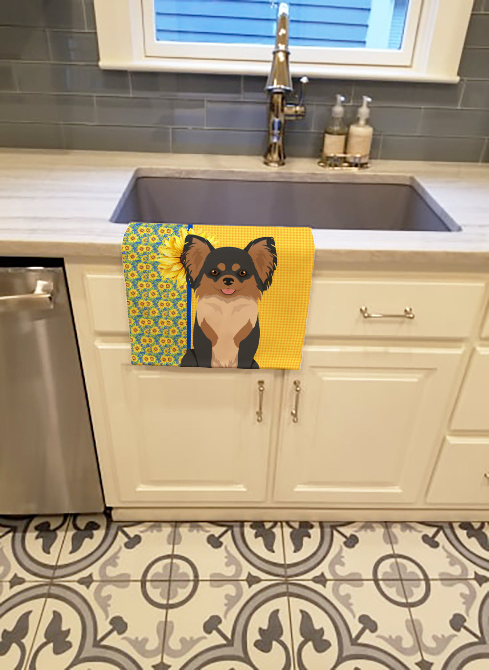 Summer Sunflowers Longhaired Black and Tan Chihuahua Kitchen Towel Velour Plush Front and Cotton Loop Back Machine Washable