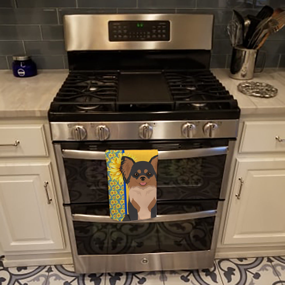 Summer Sunflowers Longhaired Black and Tan Chihuahua Kitchen Towel Velour Plush Front and Cotton Loop Back Machine Washable