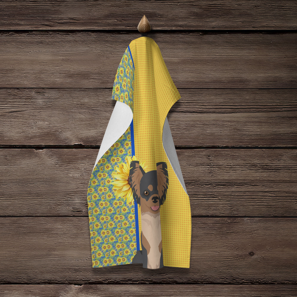 Summer Sunflowers Longhaired Black and Tan Chihuahua Kitchen Towel Velour Plush Front and Cotton Loop Back Machine Washable