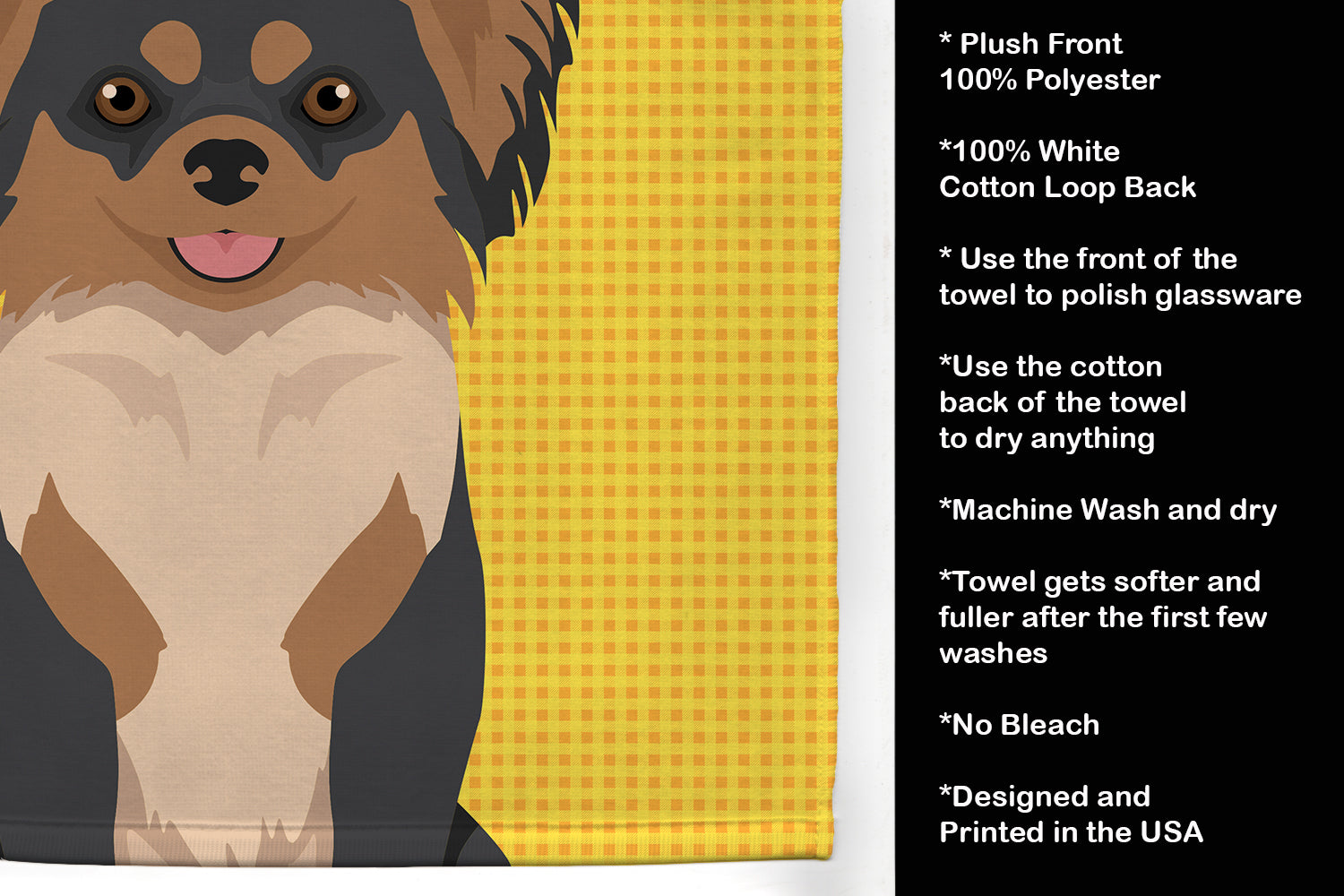 Summer Sunflowers Longhaired Black and Tan Chihuahua Kitchen Towel Velour Plush Front and Cotton Loop Back Machine Washable