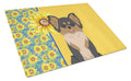 Summer Sunflowers Longhaired Black and Tan Chihuahua Cutting Board Tempered Glass Kitchen Cutting Surface, Heat Resistant Chopping, Non-Slip Feet, Food Prep & Serving