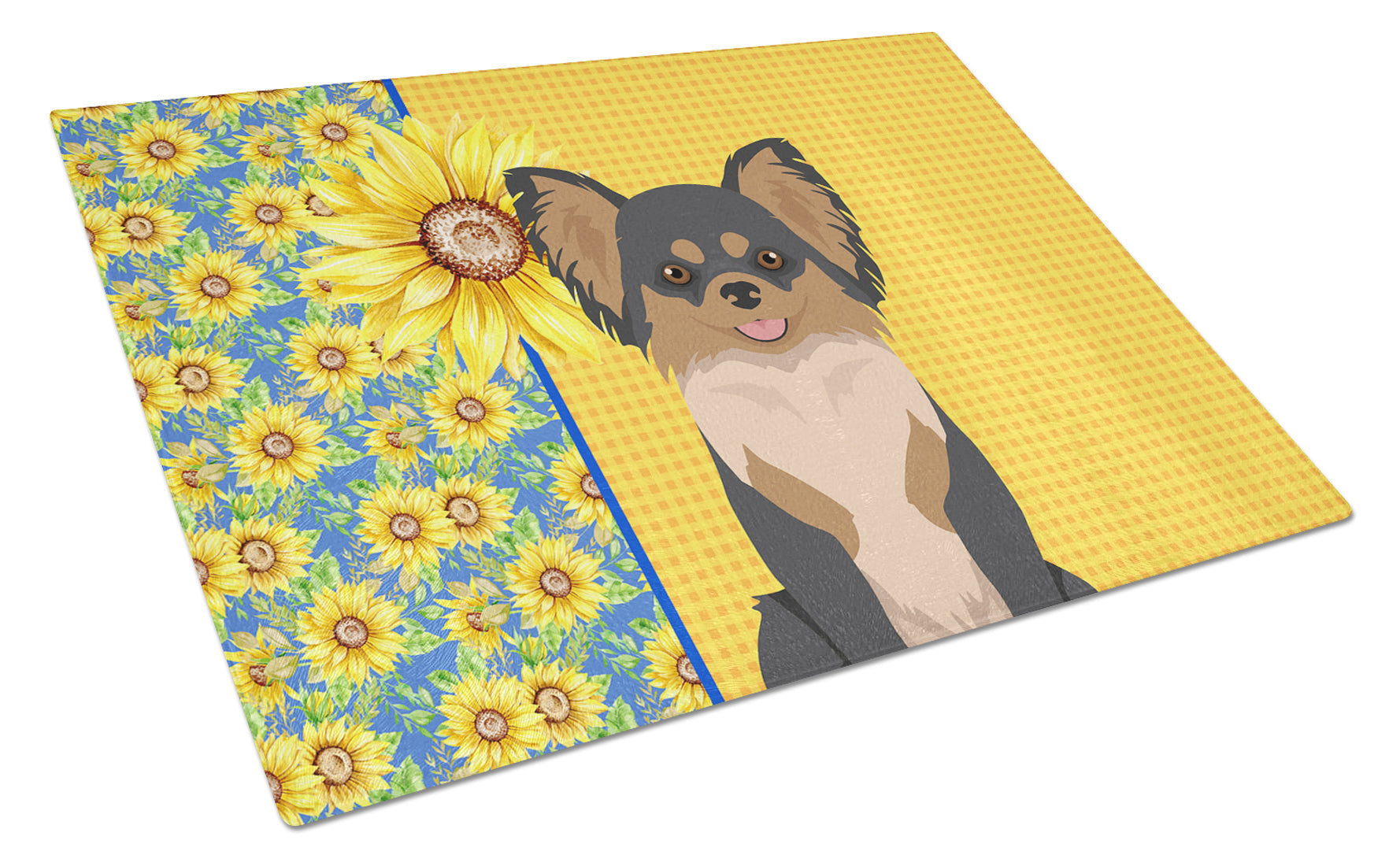 Summer Sunflowers Longhaired Black and Tan Chihuahua Cutting Board Tempered Glass Kitchen Cutting Surface, Heat Resistant Chopping, Non-Slip Feet, Food Prep & Serving