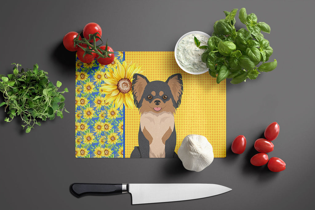 Summer Sunflowers Longhaired Black and Tan Chihuahua Cutting Board Tempered Glass Kitchen Cutting Surface, Heat Resistant Chopping, Non-Slip Feet, Food Prep & Serving