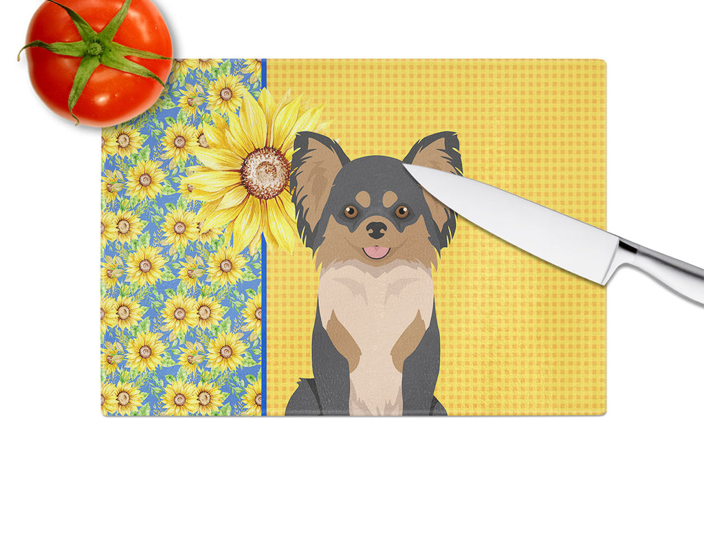 Summer Sunflowers Longhaired Black and Tan Chihuahua Cutting Board Tempered Glass Kitchen Cutting Surface, Heat Resistant Chopping, Non-Slip Feet, Food Prep & Serving