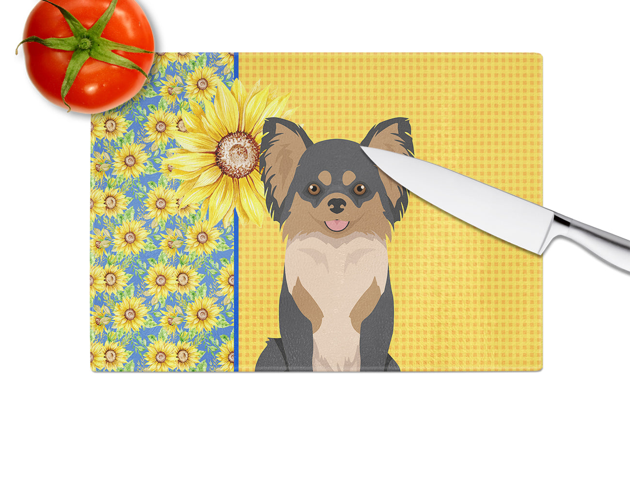 Summer Sunflowers Longhaired Black and Tan Chihuahua Cutting Board Tempered Glass Kitchen Cutting Surface, Heat Resistant Chopping, Non-Slip Feet, Food Prep & Serving