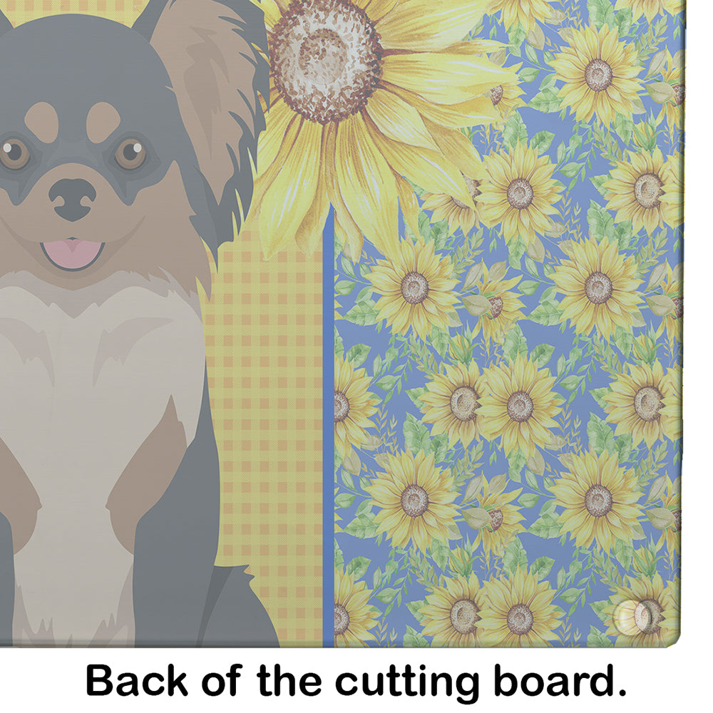 Summer Sunflowers Longhaired Black and Tan Chihuahua Cutting Board Tempered Glass Kitchen Cutting Surface, Heat Resistant Chopping, Non-Slip Feet, Food Prep & Serving