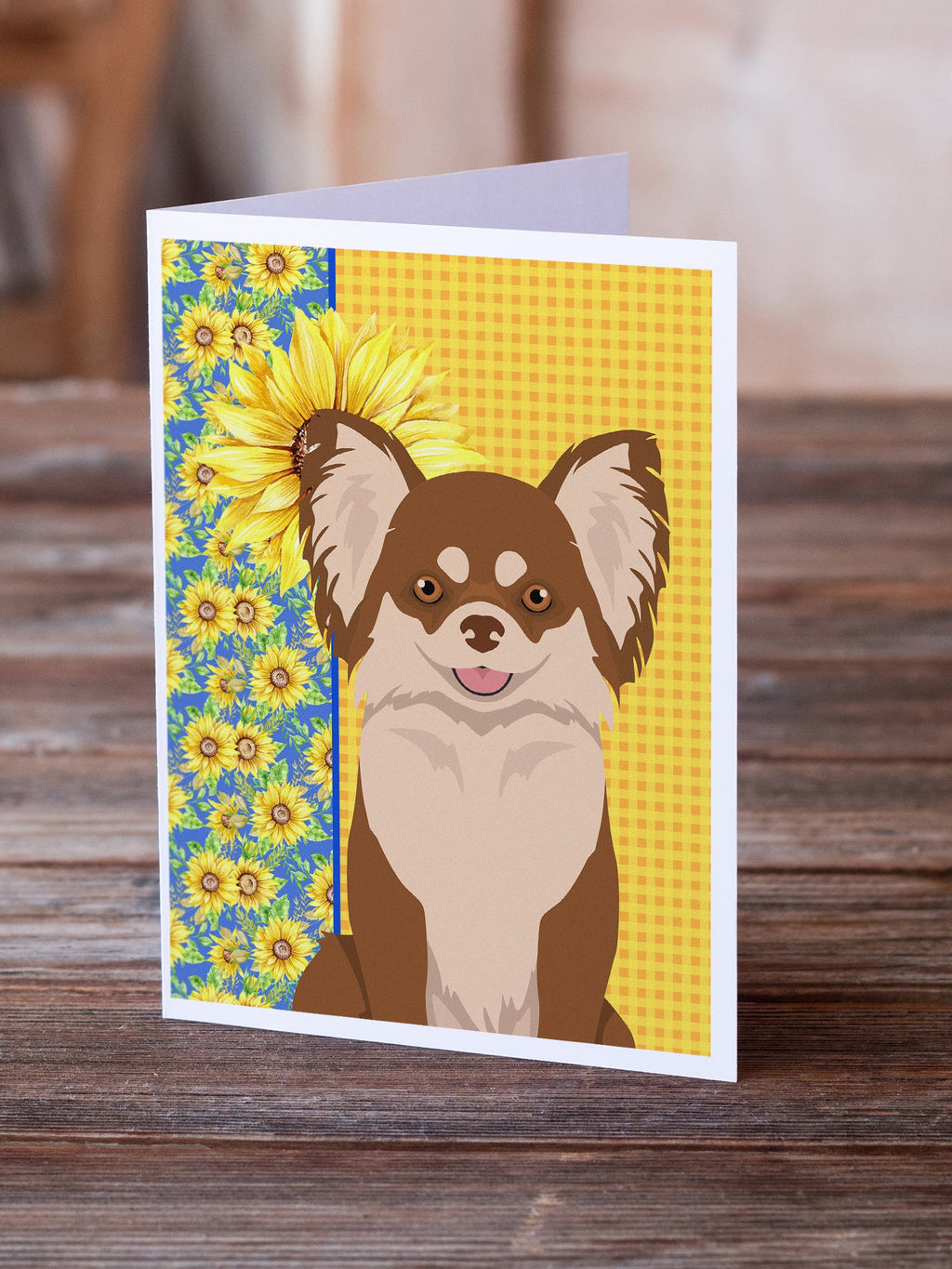 Summer Sunflowers Longhaired Chocolate and White Chihuahua Greeting Cards Pack of 8 Blank Cards with Envelopes Whimsical A7 Size 5x7