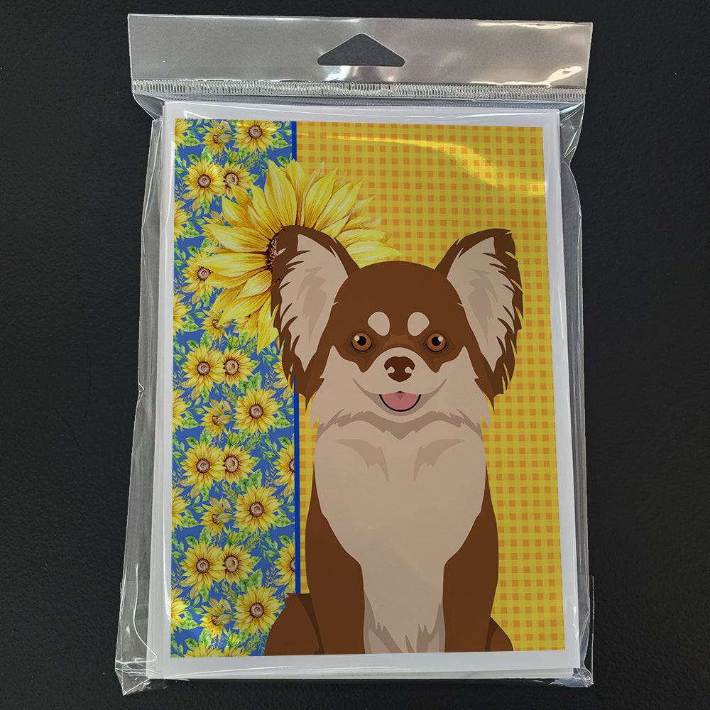 Summer Sunflowers Longhaired Chocolate and White Chihuahua Greeting Cards Pack of 8 Blank Cards with Envelopes Whimsical A7 Size 5x7