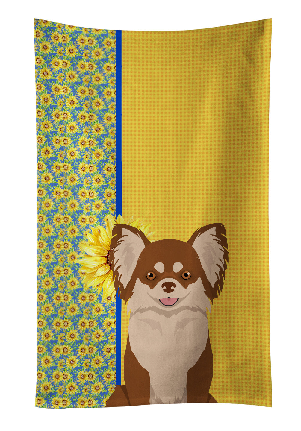 Summer Sunflowers Longhaired Chocolate and White Chihuahua Kitchen Towel Velour Plush Front and Cotton Loop Back Machine Washable