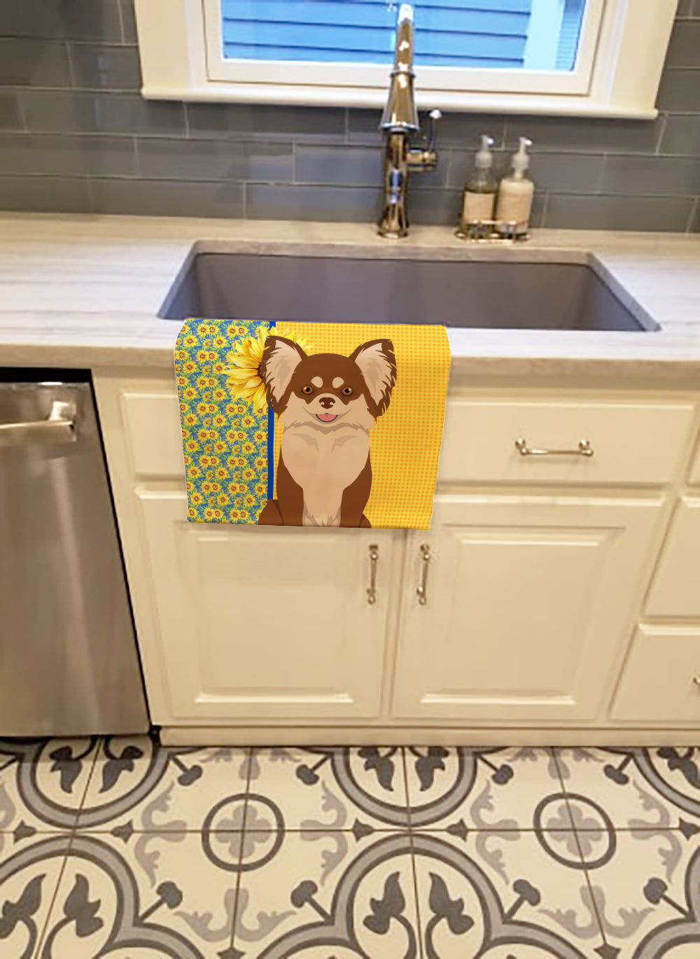Summer Sunflowers Longhaired Chocolate and White Chihuahua Kitchen Towel Velour Plush Front and Cotton Loop Back Machine Washable