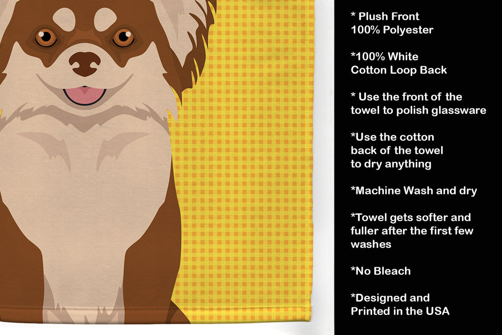 Summer Sunflowers Longhaired Chocolate and White Chihuahua Kitchen Towel Velour Plush Front and Cotton Loop Back Machine Washable