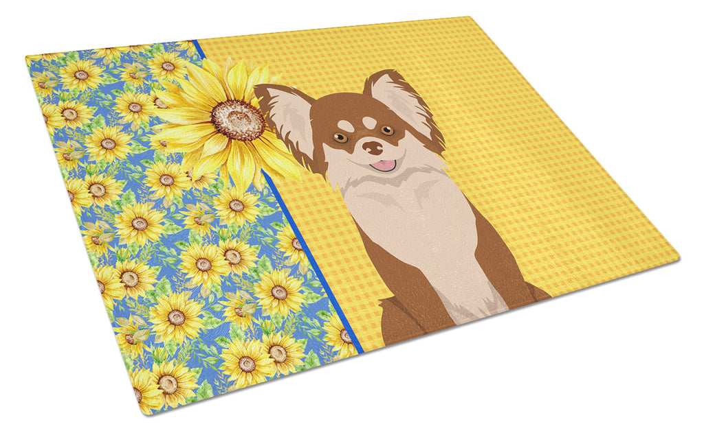 Summer Sunflowers Longhaired Chocolate and White Chihuahua Cutting Board Tempered Glass Kitchen Cutting Surface, Heat Resistant Chopping, Non-Slip Feet, Food Prep & Serving