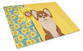 Summer Sunflowers Longhaired Chocolate and White Chihuahua Cutting Board Tempered Glass Kitchen Cutting Surface, Heat Resistant Chopping, Non-Slip Feet, Food Prep & Serving