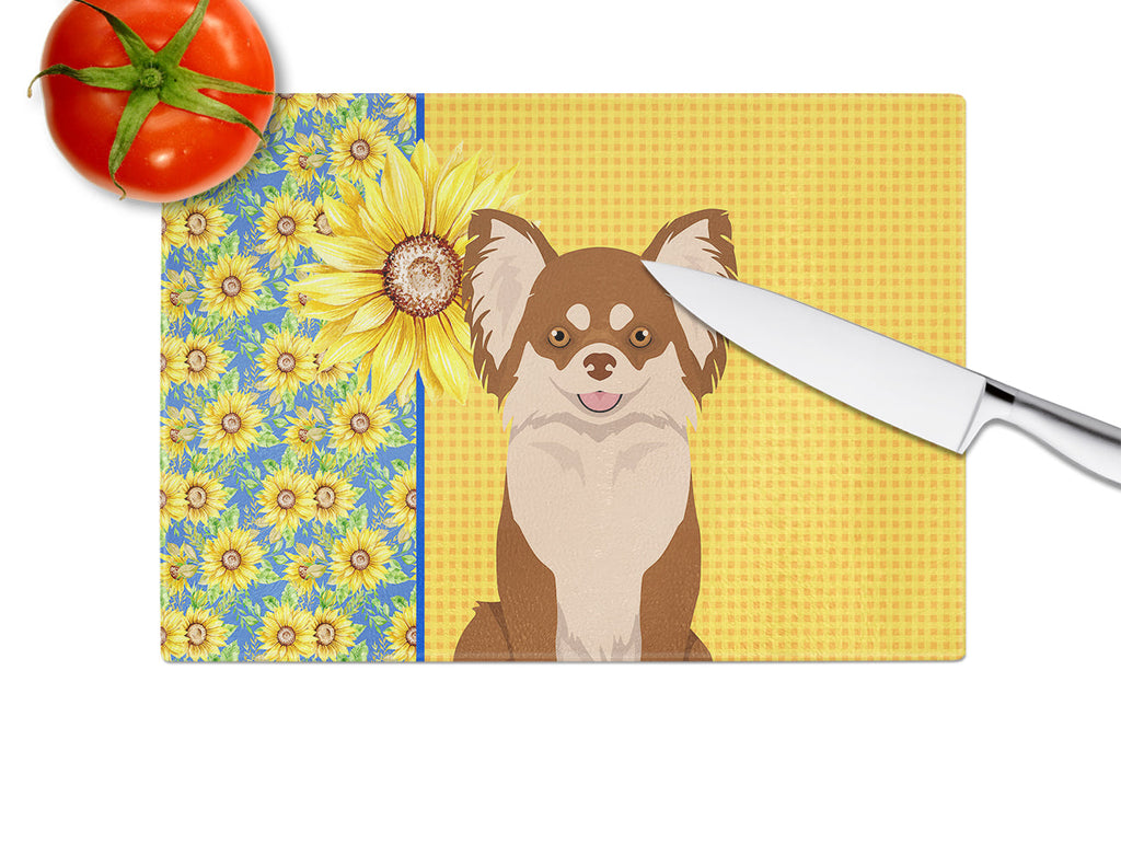 Summer Sunflowers Longhaired Chocolate and White Chihuahua Cutting Board Tempered Glass Kitchen Cutting Surface, Heat Resistant Chopping, Non-Slip Feet, Food Prep & Serving