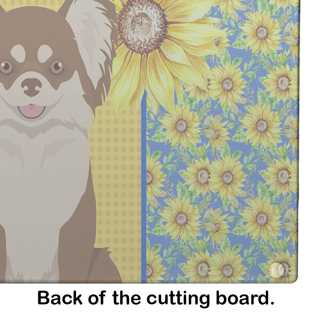 Summer Sunflowers Longhaired Chocolate and White Chihuahua Cutting Board Tempered Glass Kitchen Cutting Surface, Heat Resistant Chopping, Non-Slip Feet, Food Prep & Serving