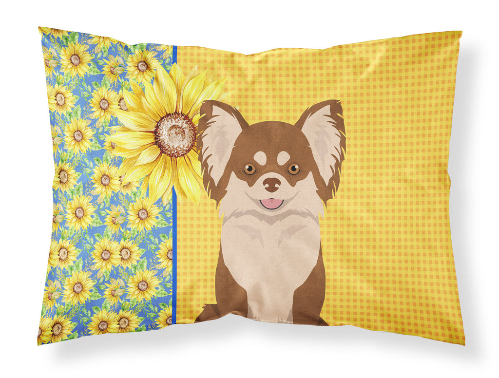 Summer Sunflowers Longhaired Chocolate and White Chihuahua Standard Pillowcase Lightweight Super Soft Easy Care Decorative Artwork Pillowcase, Standard
