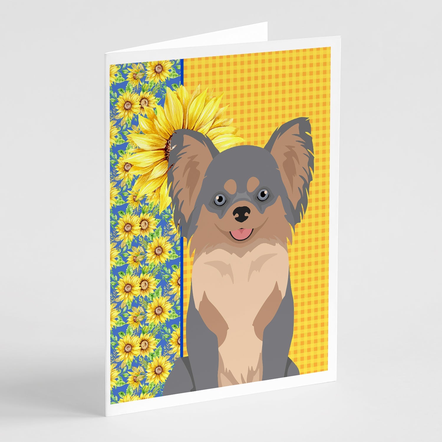 Summer Sunflowers Longhaired Blue and Tan Chihuahua Greeting Cards Pack of 8 Blank Cards with Envelopes Whimsical A7 Size 5x7