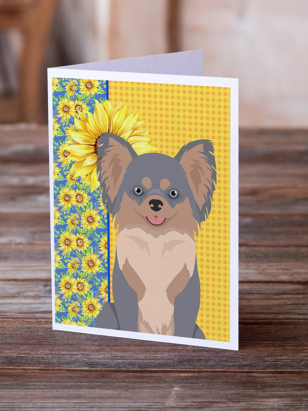 Summer Sunflowers Longhaired Blue and Tan Chihuahua Greeting Cards Pack of 8 Blank Cards with Envelopes Whimsical A7 Size 5x7