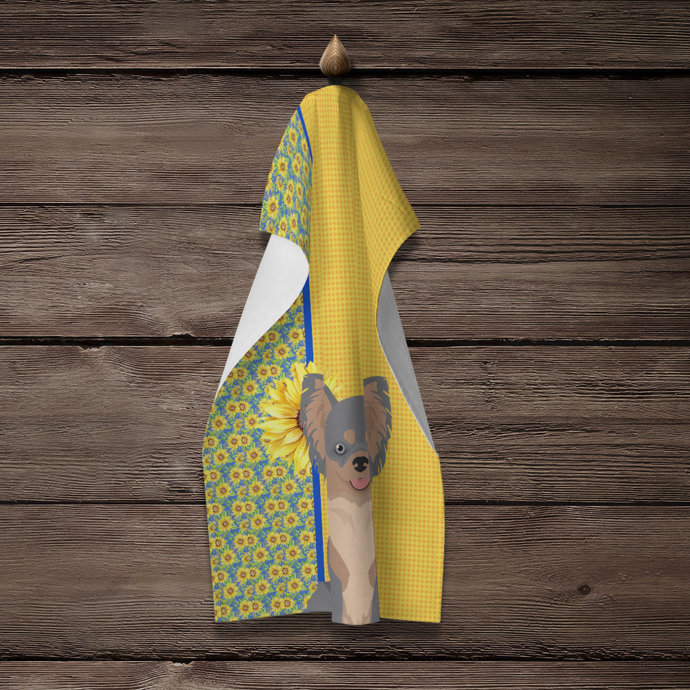 Summer Sunflowers Longhaired Blue and Tan Chihuahua Kitchen Towel Velour Plush Front and Cotton Loop Back Machine Washable