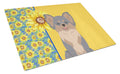 Summer Sunflowers Longhaired Blue and Tan Chihuahua Cutting Board Tempered Glass Kitchen Cutting Surface, Heat Resistant Chopping, Non-Slip Feet, Food Prep & Serving