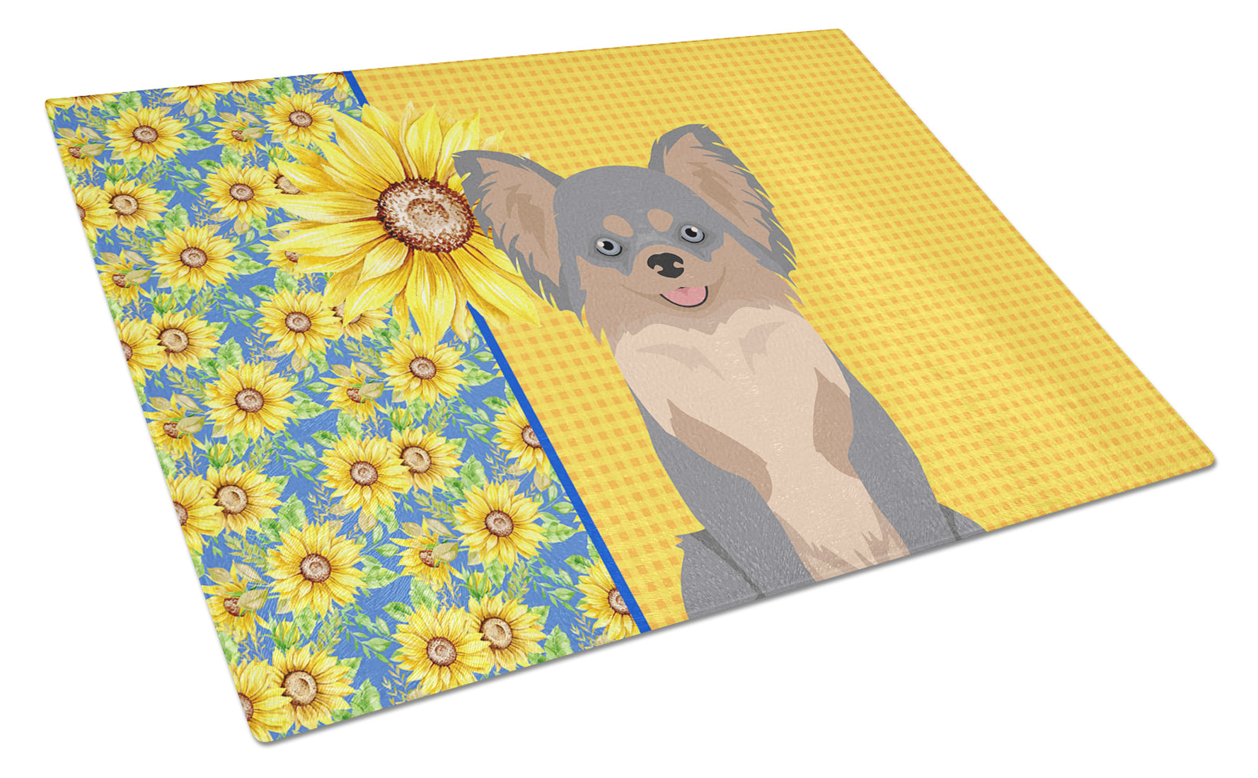 Summer Sunflowers Longhaired Blue and Tan Chihuahua Cutting Board Tempered Glass Kitchen Cutting Surface, Heat Resistant Chopping, Non-Slip Feet, Food Prep & Serving