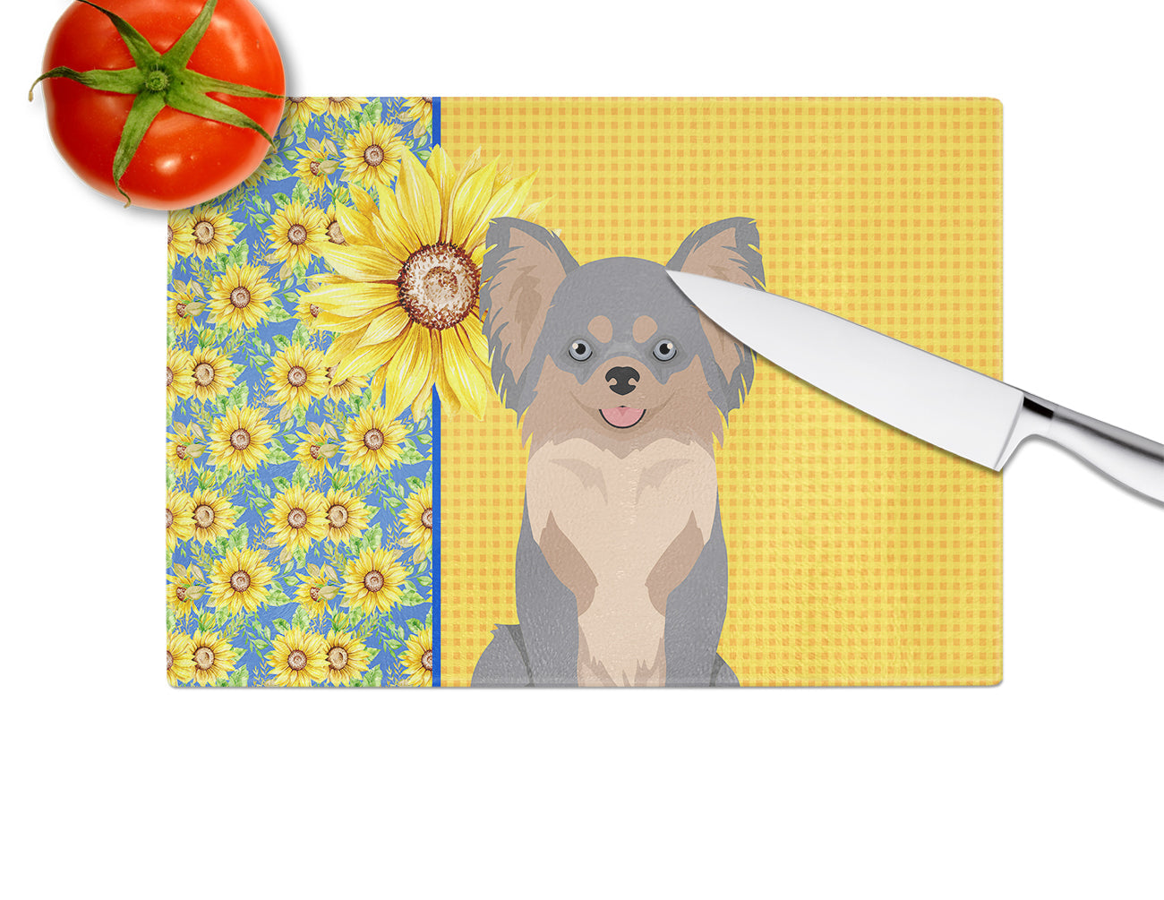 Summer Sunflowers Longhaired Blue and Tan Chihuahua Cutting Board Tempered Glass Kitchen Cutting Surface, Heat Resistant Chopping, Non-Slip Feet, Food Prep & Serving