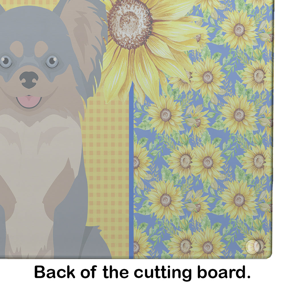 Summer Sunflowers Longhaired Blue and Tan Chihuahua Cutting Board Tempered Glass Kitchen Cutting Surface, Heat Resistant Chopping, Non-Slip Feet, Food Prep & Serving
