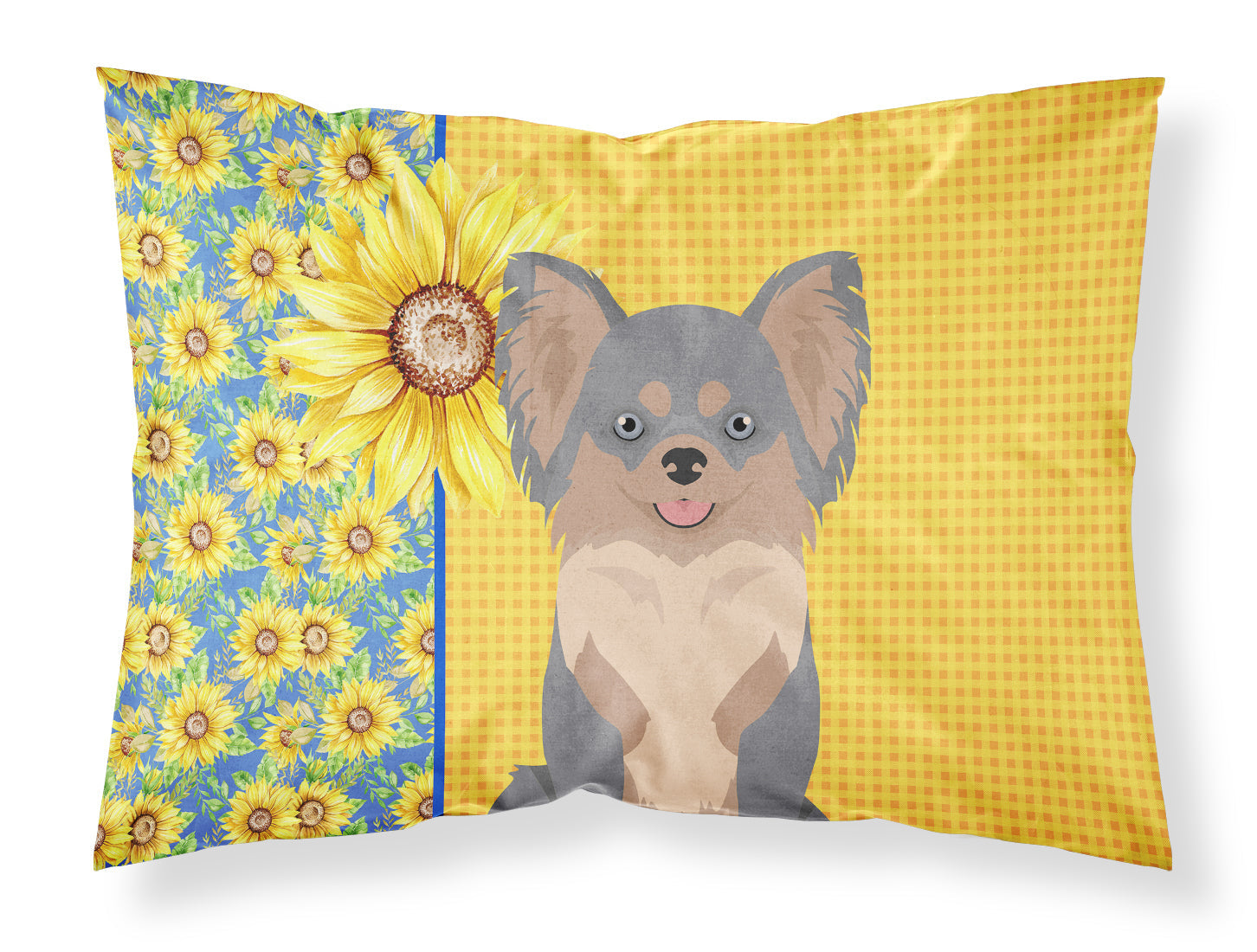 Summer Sunflowers Longhaired Blue and Tan Chihuahua Standard Pillowcase Lightweight Super Soft Easy Care Decorative Artwork Pillowcase, Standard