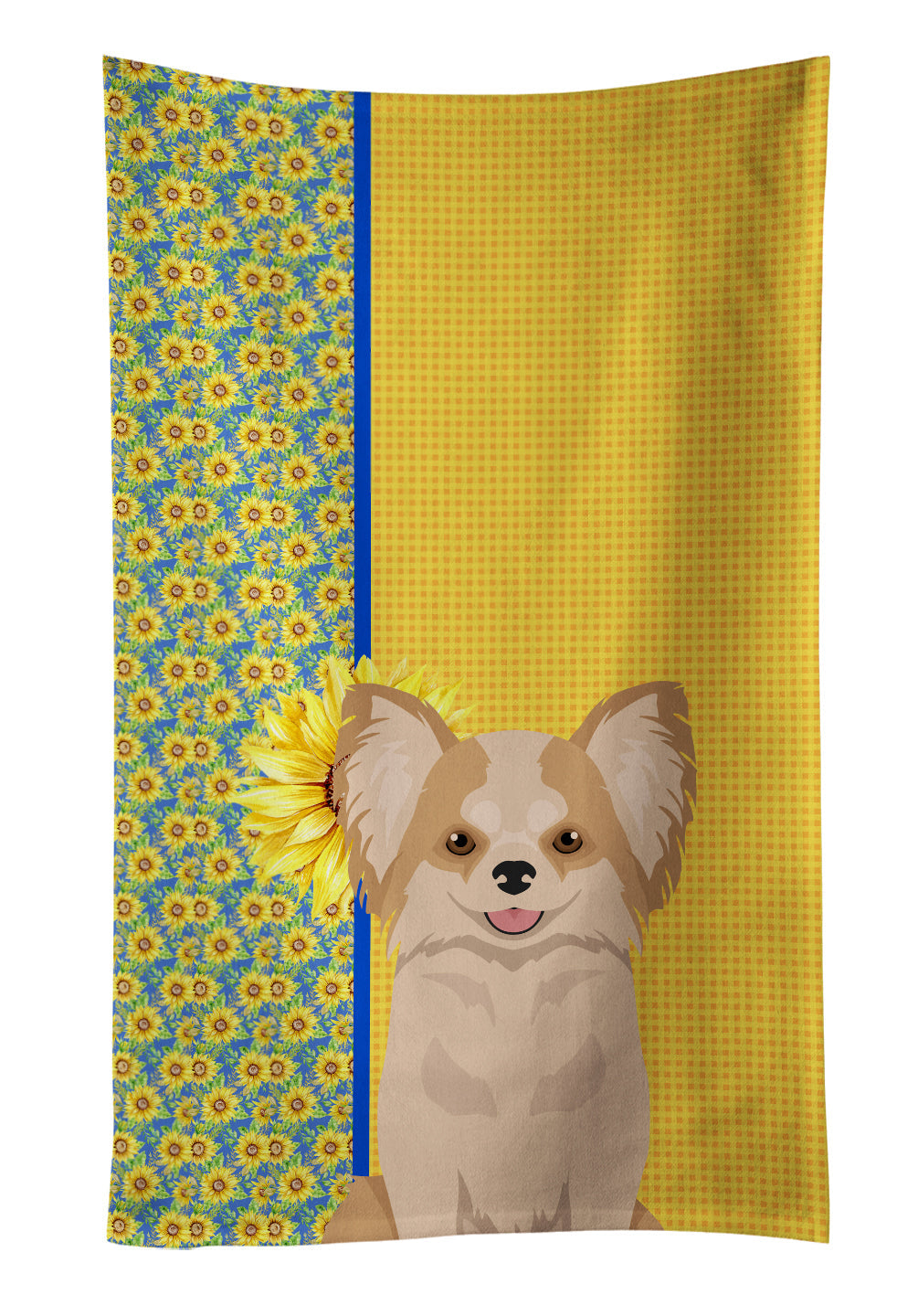 Summer Sunflowers Longhaired Gold and White Chihuahua Kitchen Towel Velour Plush Front and Cotton Loop Back Machine Washable