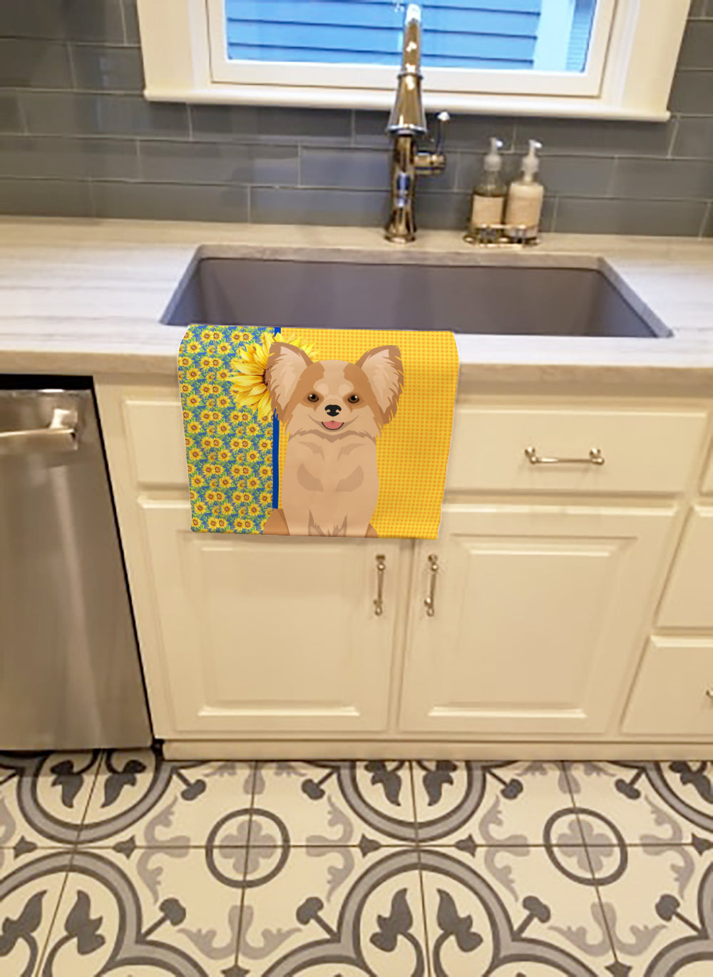 Summer Sunflowers Longhaired Gold and White Chihuahua Kitchen Towel Velour Plush Front and Cotton Loop Back Machine Washable