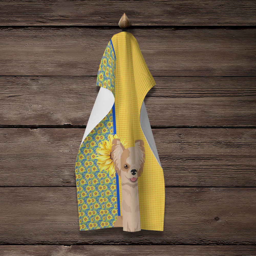 Summer Sunflowers Longhaired Gold and White Chihuahua Kitchen Towel Velour Plush Front and Cotton Loop Back Machine Washable