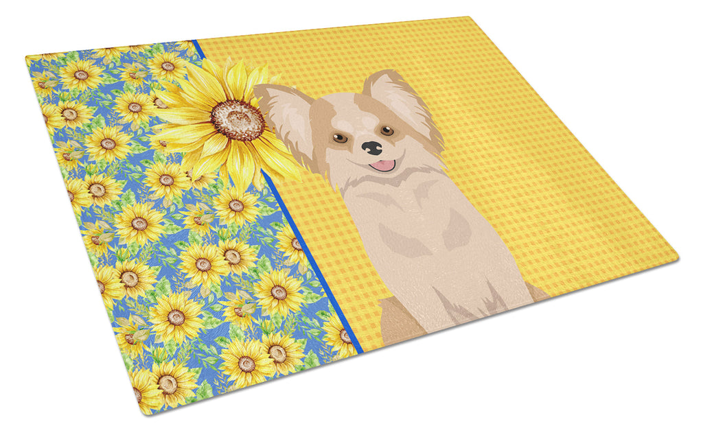 Summer Sunflowers Longhaired Gold and White Chihuahua Cutting Board Tempered Glass Kitchen Cutting Surface, Heat Resistant Chopping, Non-Slip Feet, Food Prep & Serving