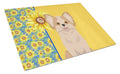 Summer Sunflowers Longhaired Gold and White Chihuahua Cutting Board Tempered Glass Kitchen Cutting Surface, Heat Resistant Chopping, Non-Slip Feet, Food Prep & Serving
