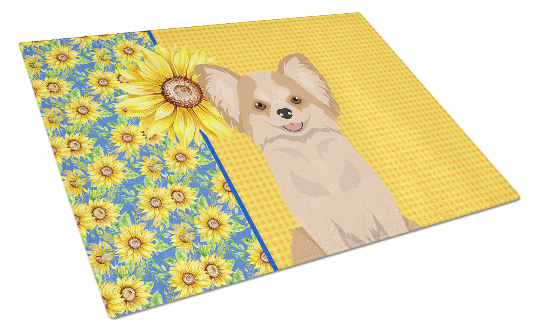 Summer Sunflowers Longhaired Gold and White Chihuahua Cutting Board Tempered Glass Kitchen Cutting Surface, Heat Resistant Chopping, Non-Slip Feet, Food Prep & Serving