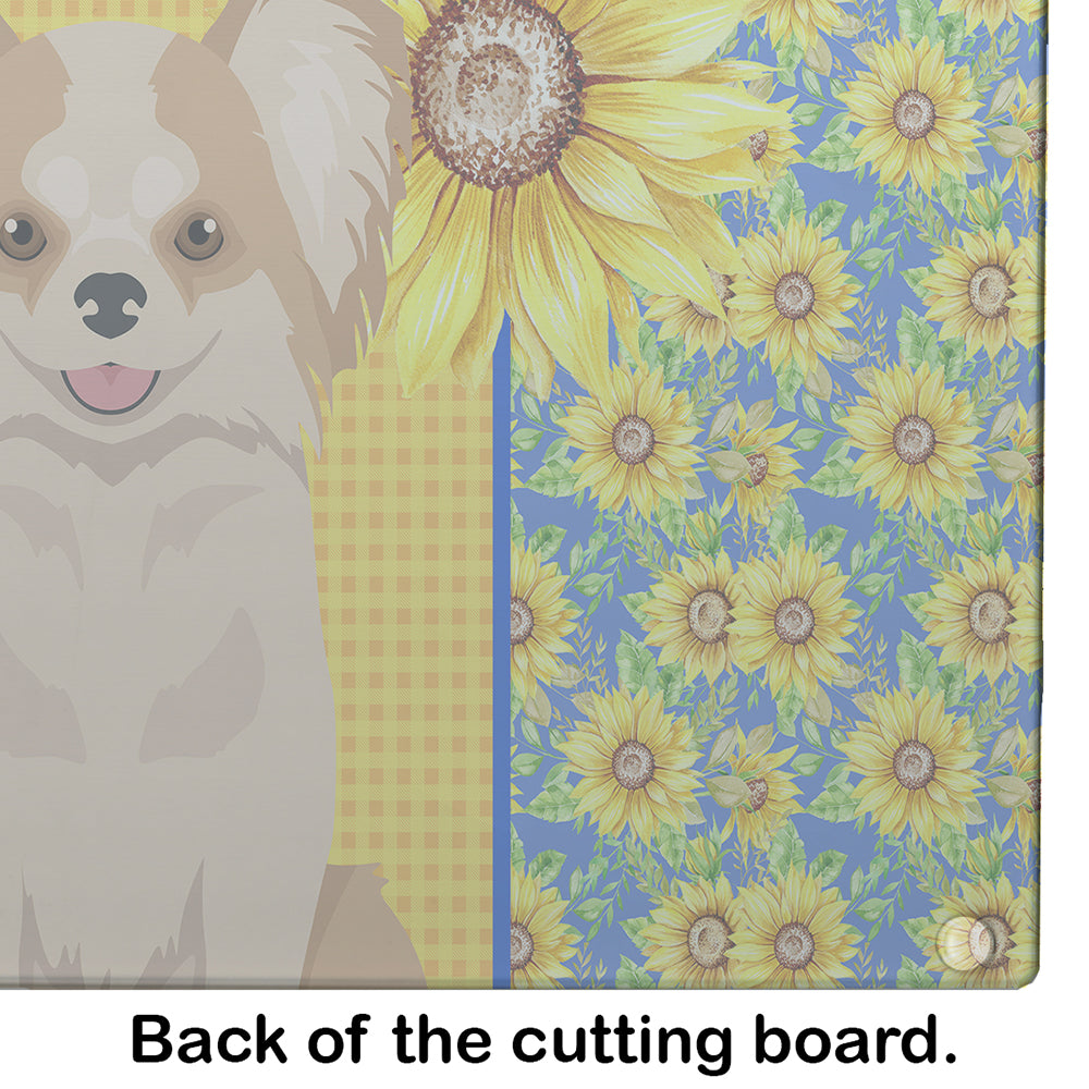 Summer Sunflowers Longhaired Gold and White Chihuahua Cutting Board Tempered Glass Kitchen Cutting Surface, Heat Resistant Chopping, Non-Slip Feet, Food Prep & Serving