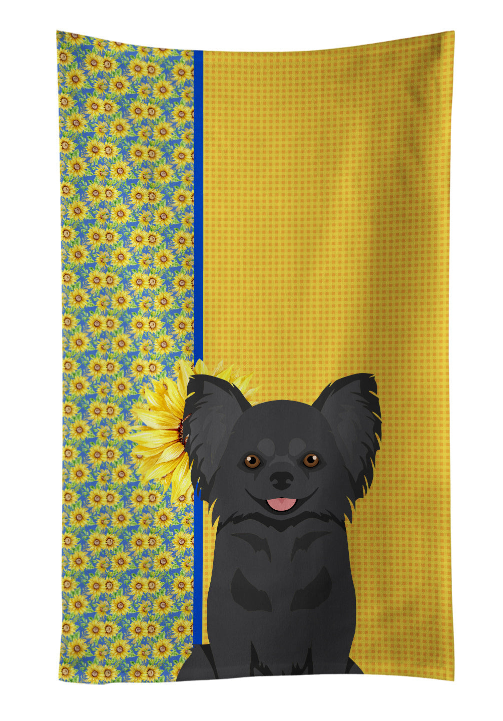 Summer Sunflowers Longhaired Black Chihuahua Kitchen Towel Velour Plush Front and Cotton Loop Back Machine Washable